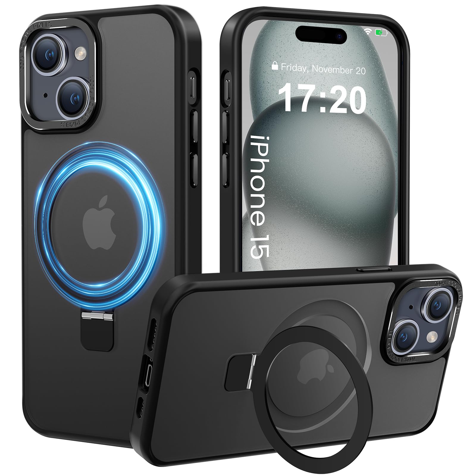 PuyaTeya Compatible with iPhone 15 Case with Magnetic Ring Stand, Military Drop Protection, Anti-Scratch/Anti-Fingerprint Translucent Matte Phone Case for iPhone 15 (Black)