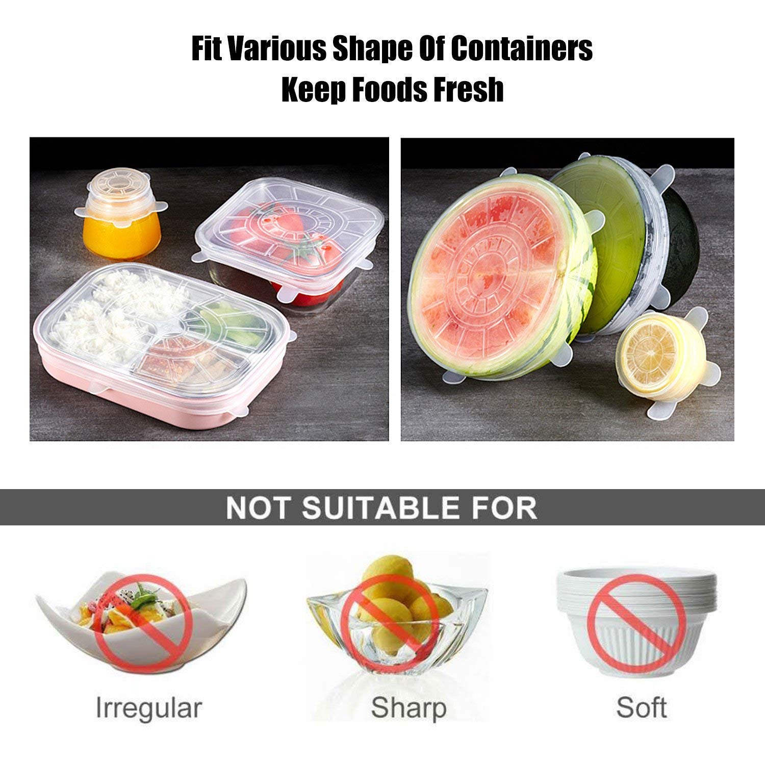 Silicone Stretch Lids - Set of 12 Reusable Clear Food Covers - Stretch Each Lid to Cover Your Bowls, Cups, Plates, Containers, Tupperware, Pyrex - Microwave, Dishwasher Safe