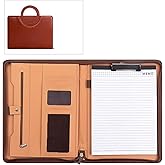 Zippered Padfolio with Hidden Handle and Clipboard, Leather Portfolio with Front Pocket, Business Padfolio Tablet/13” Laptop Organizer, Padfolio for Women/Men (Brown)