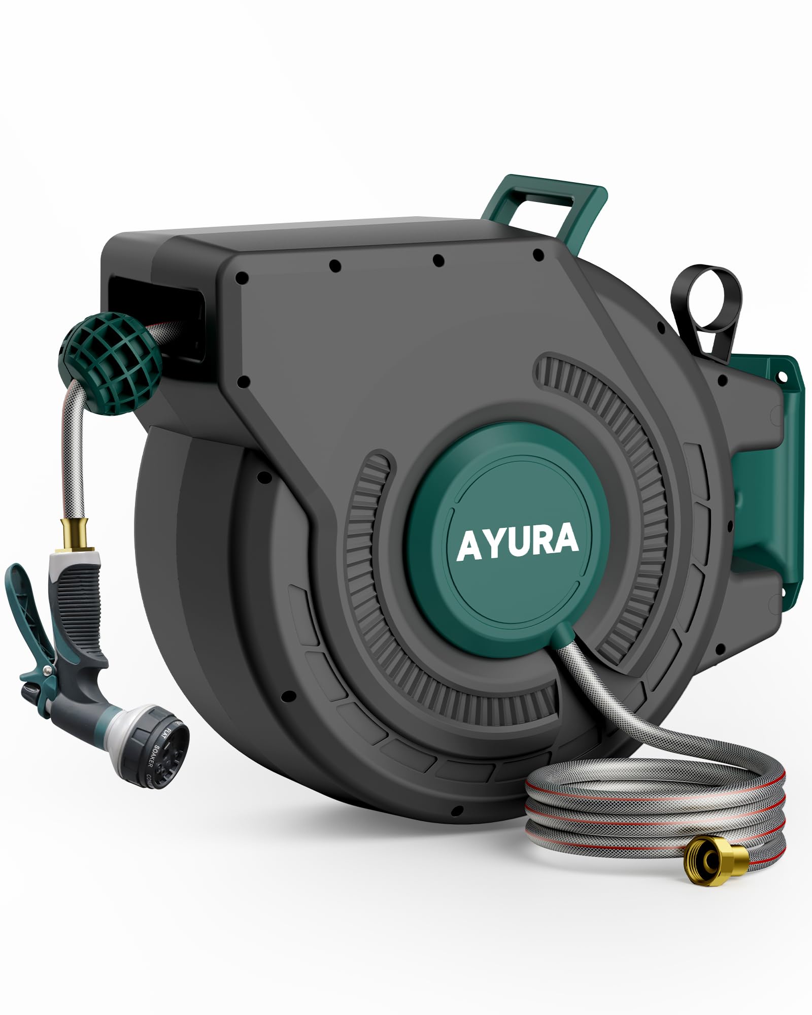 AYURA Retractable Garden Hose Reel 100 ft x 1/2 inch with Pro Metal Shaft, Heavy Duty Automatic Garden Hose Reels with Kink-Free Rewind and Lock at Any Length, Wall Mount Water Hose Reel for Outside