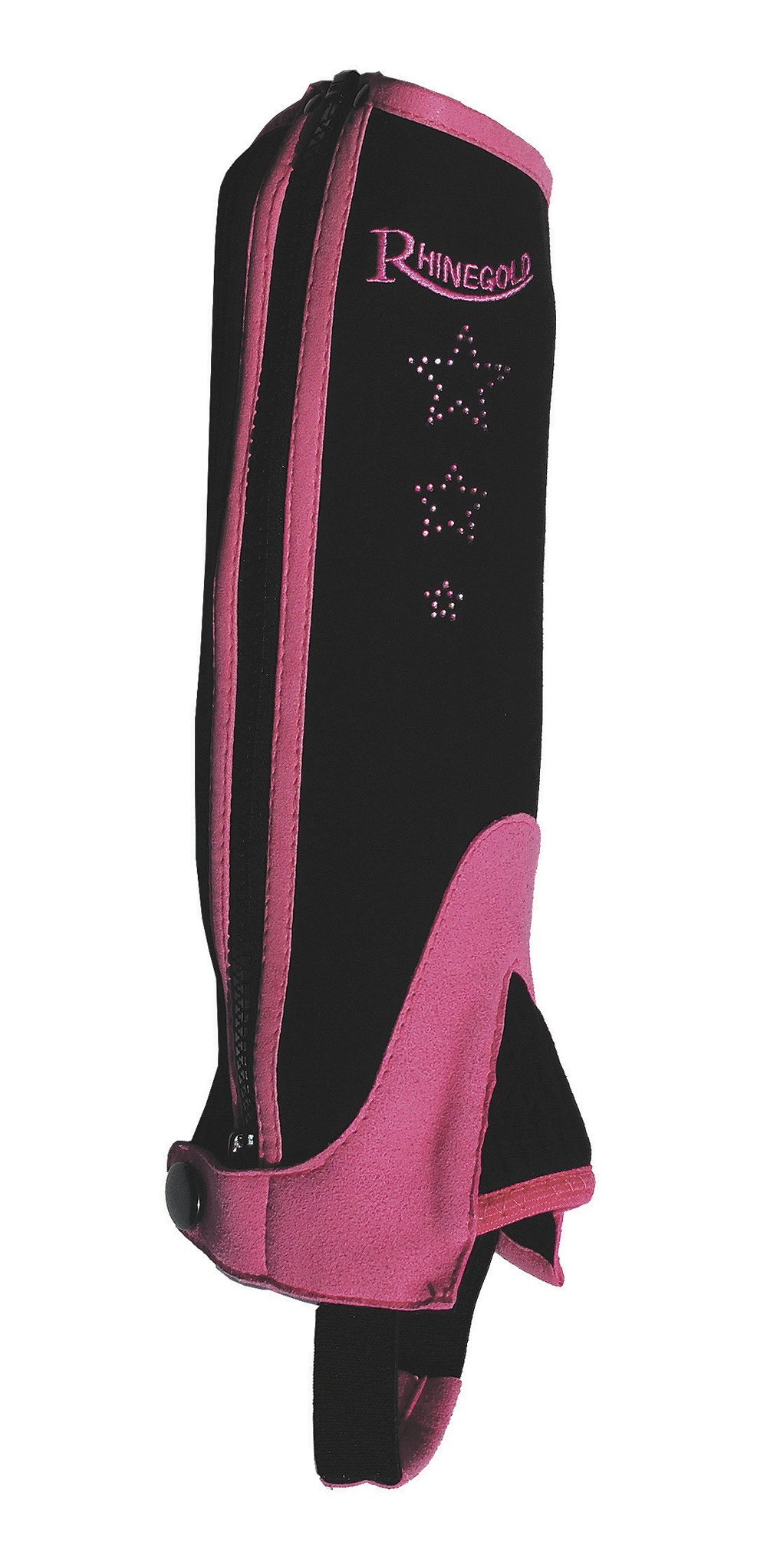 Rhinegold CHILDREN’S HALF CHAPS, Pink, Size L – Synthetic Horse Riding Gaiters with Elasticated Fit, Durable Zip & Sparkly Star Design – Pony & Equestrian Wear