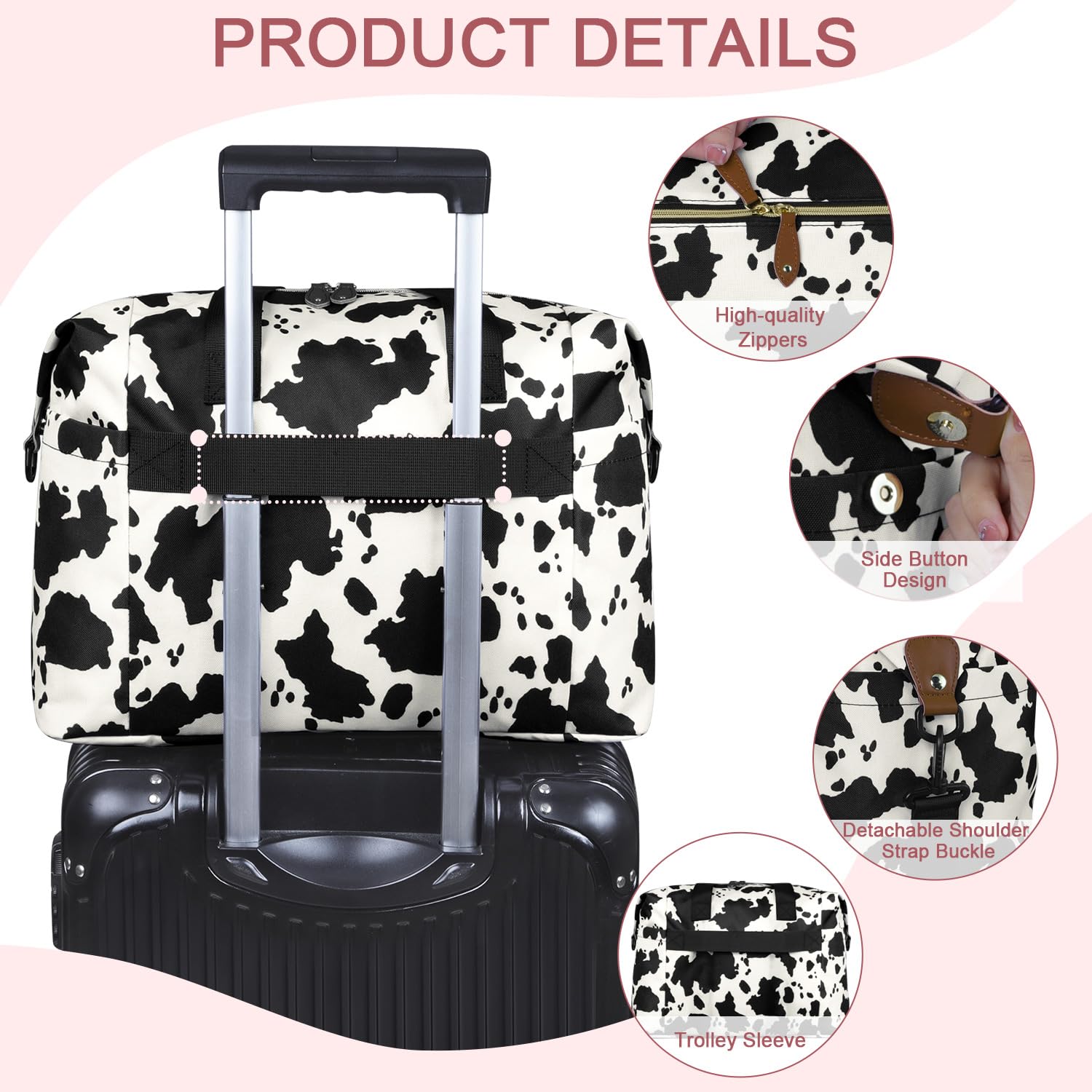 Pritent Diaper Tote - Baby Bag with Pacifier Case, Shoulder Straps, Stroller Clips, Waterproof Large Mommy Maternity Travel Bag for Mom and Dad, Cow Print