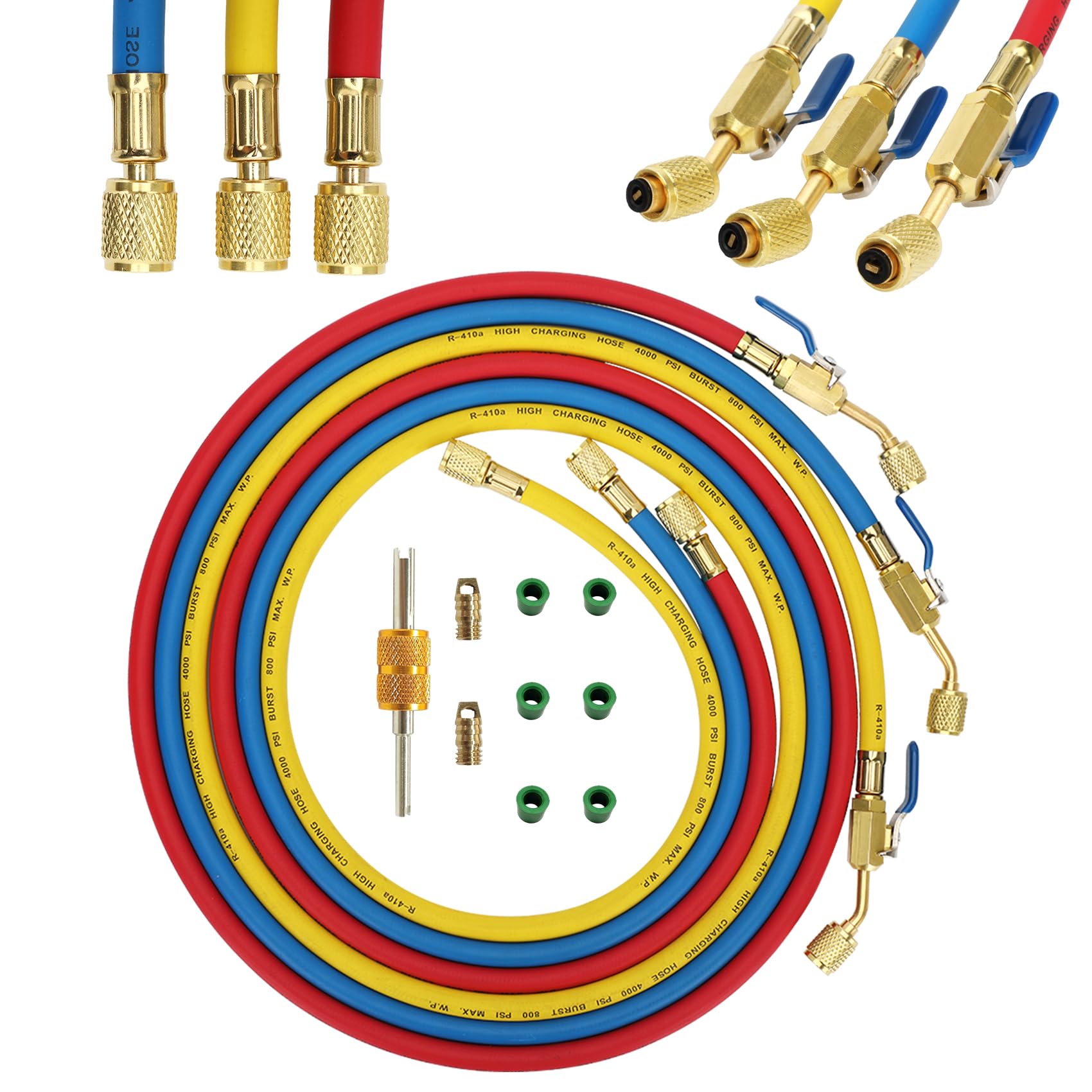 Photo 1 of 29986 Plus II 1/4" HVAC Hose with Compact Ball Valve,72" Low Loss Refrigerant Hose for R410a R134a R22 R407C R12 R502,Ac Manifold Hoses with Standard 1/4" Flare Fittings,Yellow/Red/Blue (3 Pcs)