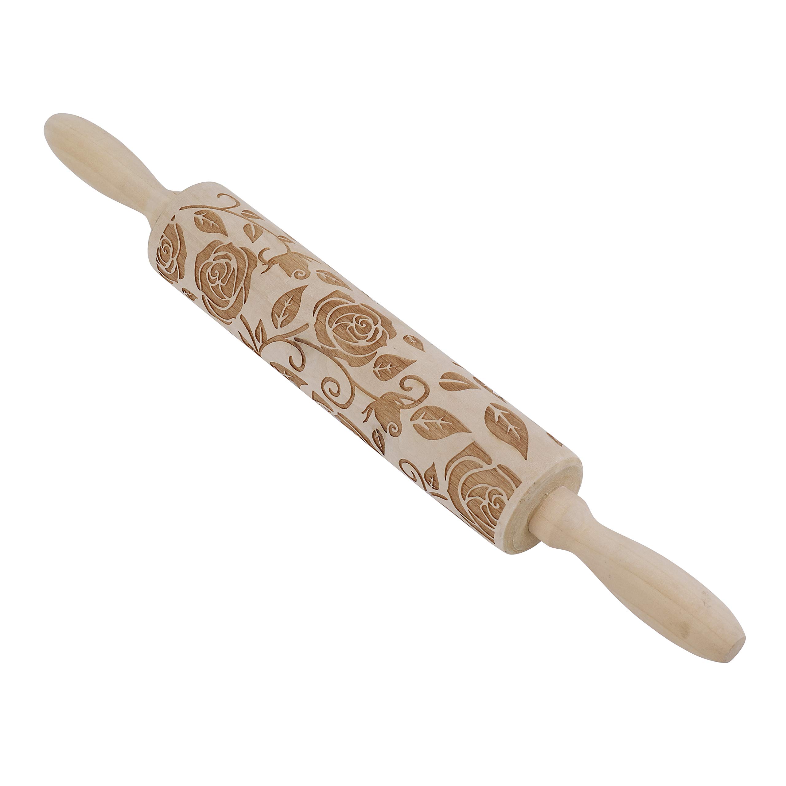 Embossing Rolling Pin Wooden 3D Rose Flower Pattern Embossed Engraved Roller for Fondant Cake Dough Biscuit Baking Housewarming Gift 13.8 inch