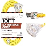 10 Foot Lighted Outdoor Extension Cord with 3 Electrical Power Outlets - 10/3 SJTW Heavy Duty Yellow Extension Cable with 3 P