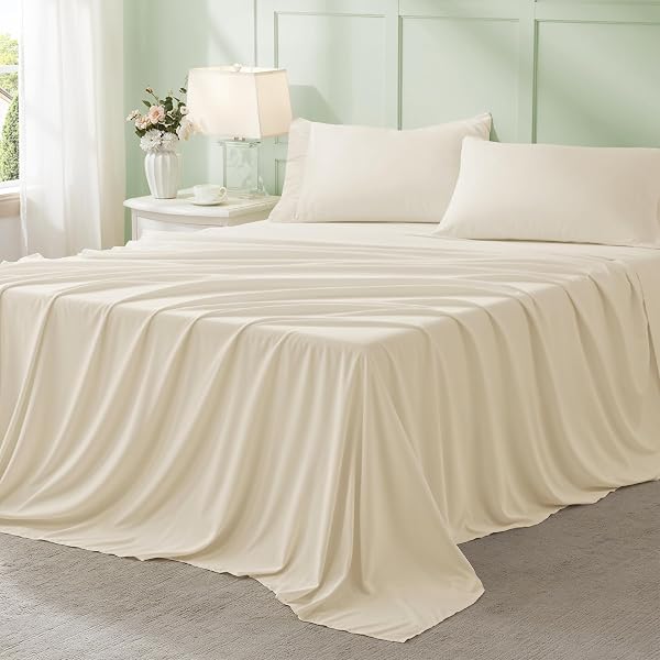 ANLUOER CREAM QUEEN COMFORTER SET 7 PIECES, BED IN A BAG WITH SHEETS, ALL SEASON BEDDING SETS WITH 1 COMFORTER, 2 PILLOW SHAMS, 2 PILLOWCASES, 1 FLAT SHEET, 1 FITTED SHEET