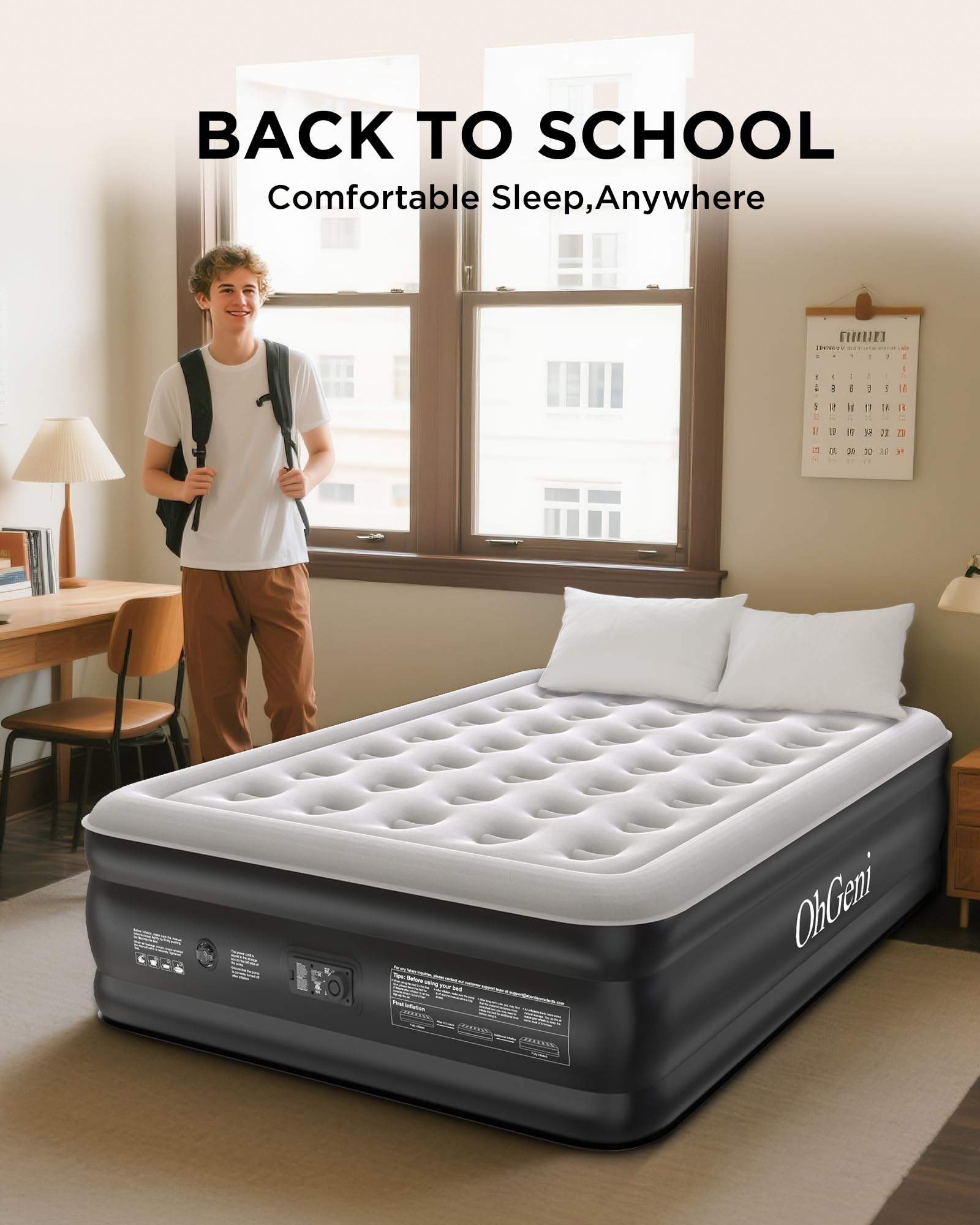 OhGeni Queen Air Mattress with Built in Pump, Inflatable Mattress Blow Up Bed 18 Raised Comfort,Upgraded Surface Portable Mattress, Air Bed for Camping, Home and Guest, Colchone Inflable, 650 lbs Max