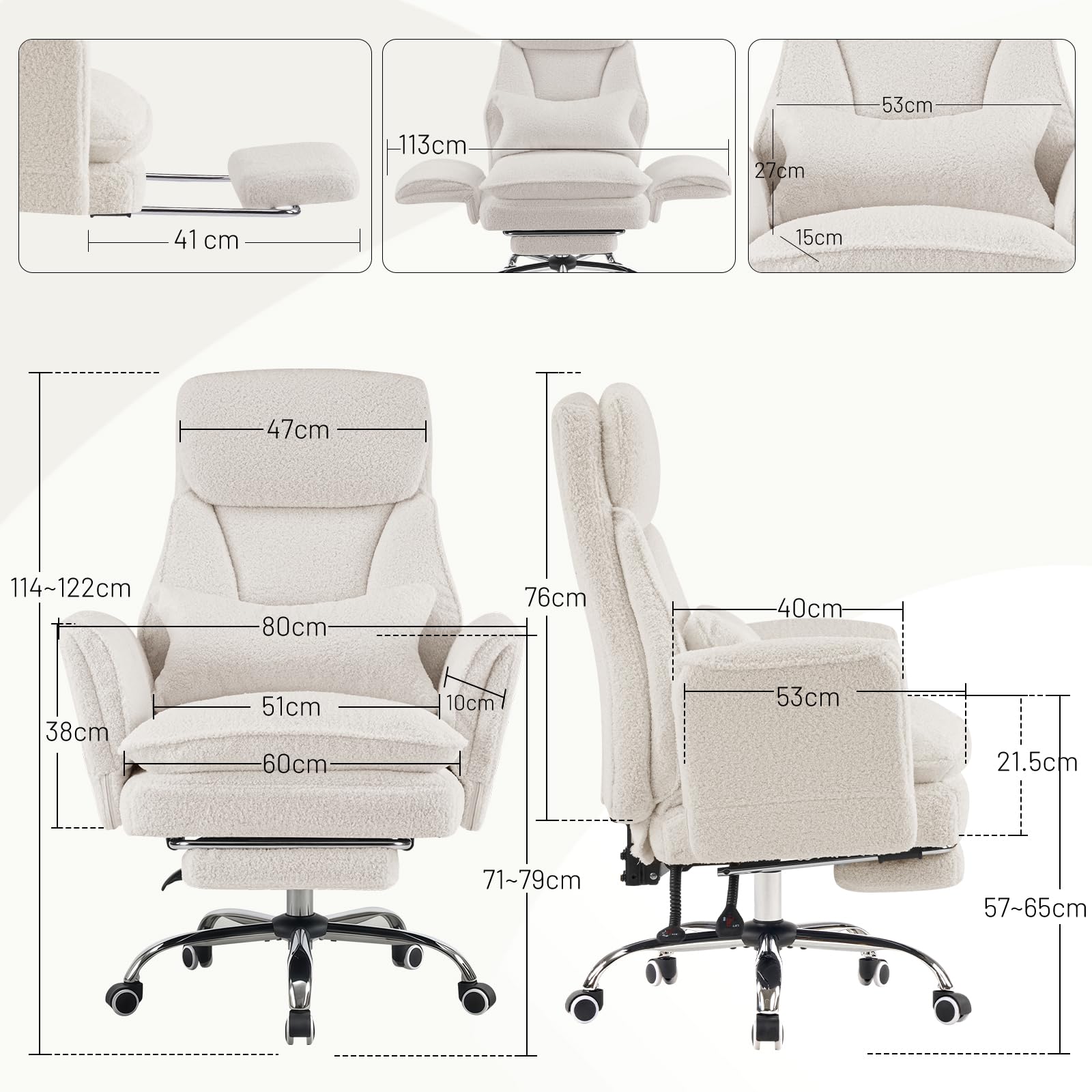 Ckaff Bürostuhl Chefsessel Ergonomisch, Gaming Stuhl mit 5-Stufig Verstellbare Armlehnen & Fußstütze, Schreibtischstuhl mit Verstellbarer Rückenlehne & Lendenwirbelstütze aus Teddy Stoff, Weiß 9