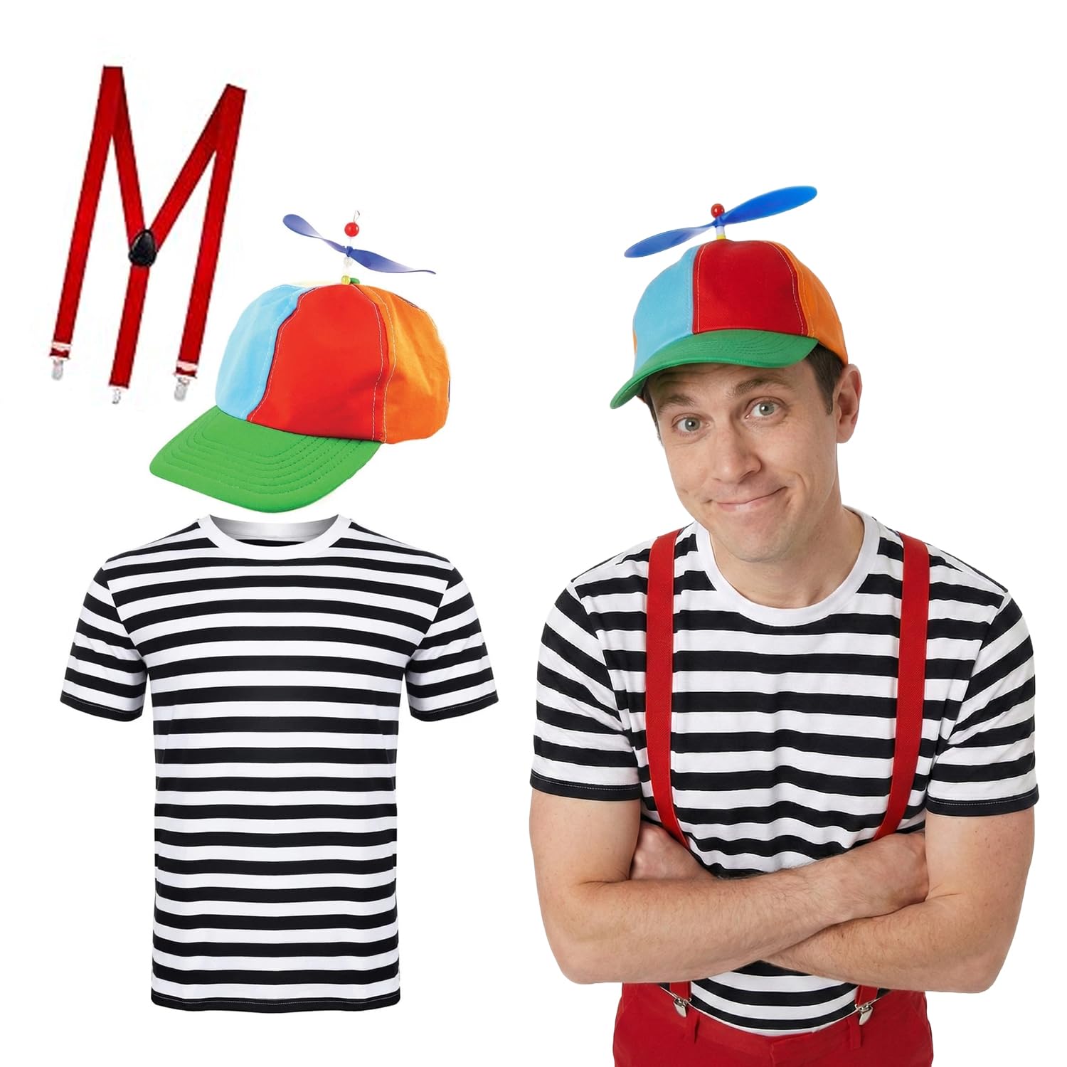Dreamzfit Tweedle Dee & Tweedle Dum Costume for Adults - Men's Alice in Wonderland Fancy Dress Set with Striped T-Shirt, Helicopter Hat & Red Braces - Book Week, Halloween & Cosplay (Small)