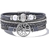 FANCY SHINY Tree of Life Leather Wrap Bracelets Boho Pearl Rhinestone Bead Braided Bracelet with Magnetic Closure Inspirational Spiritual Jewelry Gift for Women