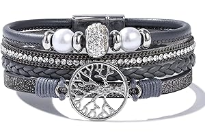 FANCY SHINY 4-in-1 Tree of Life Leather Bracelets Charm Braided Rhinestone Beaded Strands Stackable Boho Wrap Bracelet with Magnetic Closure Christmas Gift Inspirational Spiritual Jewelry for Women