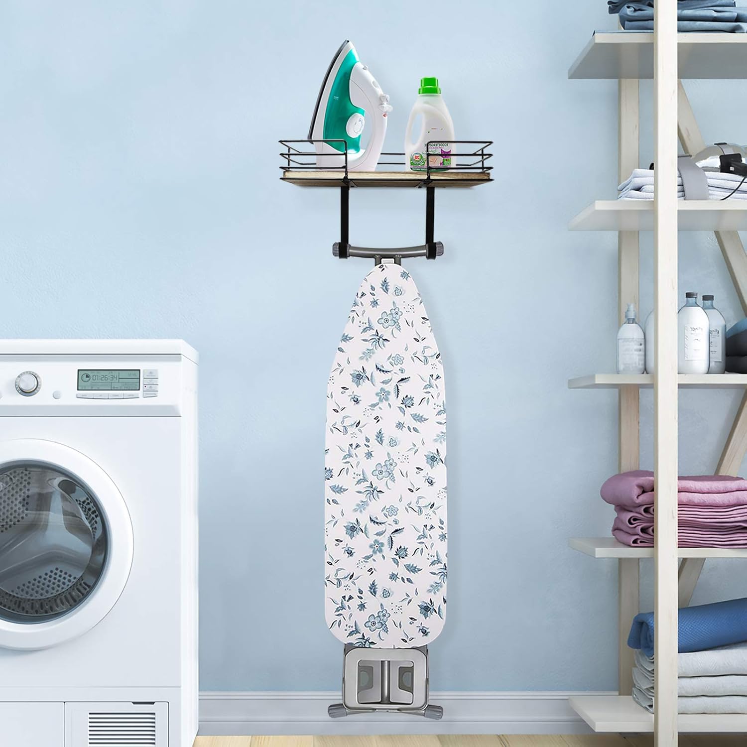 Ironing Board Hanger Wall Mounted, Iron and Ironing Board Holder with Large Storage, Metal Wall Mount with Wooden Base Storage Basket and Removable Hooks for Laundry Room: Home & Kitchen