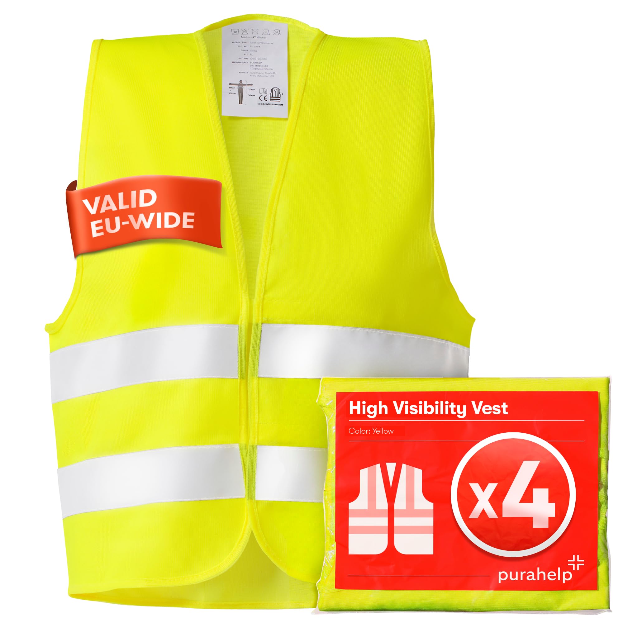 PURAHELP High Visibility Vests 4-Pack - EN ISO 20471 Certified - Yellow - Universal Fit - High Vis Vests