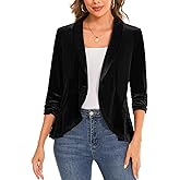 MINTLIMIT Women's Velvet Blazer Ruched 3/4 Sleeve Shawl Lapel Button Front Ruffle Tailored Cardigan Suit Jacket Blazer