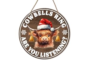 HSNBT Christmas Door Hanging Sign Decor, Christmas Sign for Front Door Porch Home Xmas Holiday Decorations Highland Cow Winter Wooden Wall Sign, Cowbells Ring