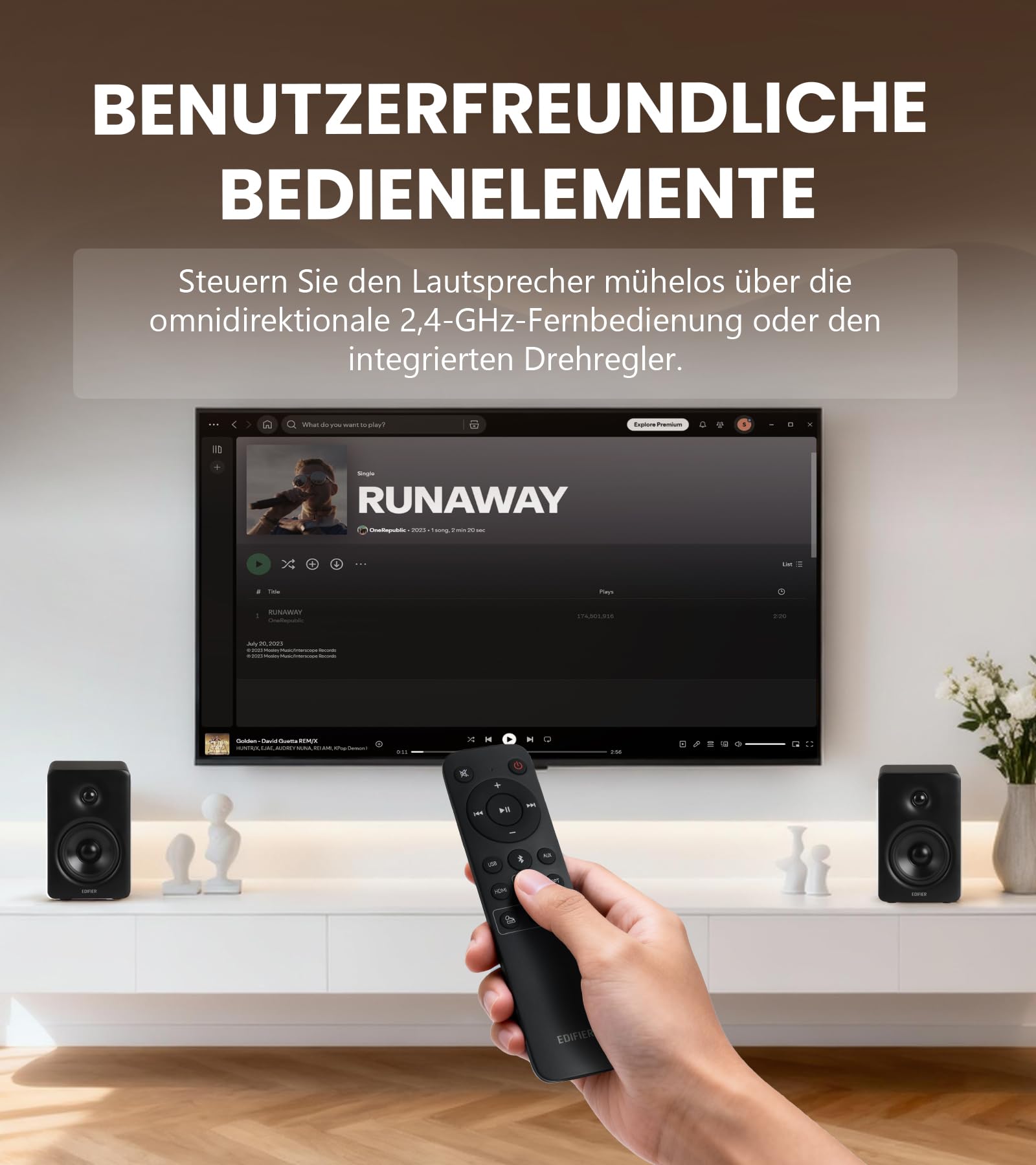 Edifier M90 Regal-Lautsprecher, 100 W RMS Desktop-Lautsprecher, Hi-Res-Audio, LDAC, Bluetooth 6.0, kompakter Lautsprecher, HDMI eARC/optischer/USB-C/AUX-Eingang, SUB Out, Aktivlautsprecher – Schwarz 9