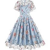 Ruffle Sleeve Tulle Flower Embroidered Dress Women Flower Embroidery Tulle Dress Mesh Sleeve Women Prom Wedding Dress Graduation Cocktail A-Line Tea Party Short Vintage Homecoming Dresses Blue M