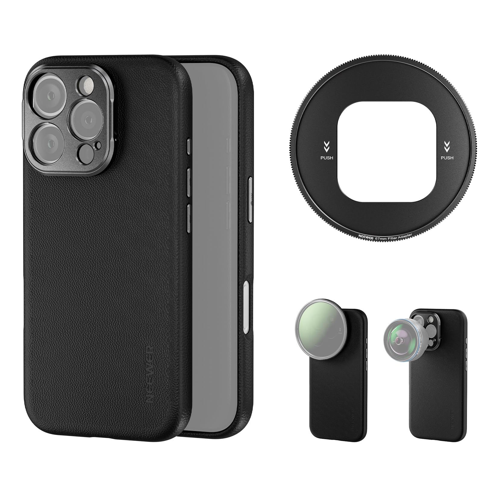 NEEWER Phone Case for 16 Pro, TPU/PC Protective Heavy Duty Case with 17mm Lens Mounts, 67mm Filter Adapter, Nonslip Faux Leather, Compatible with iPhone 16 Pro MagSafe, PA083 Black