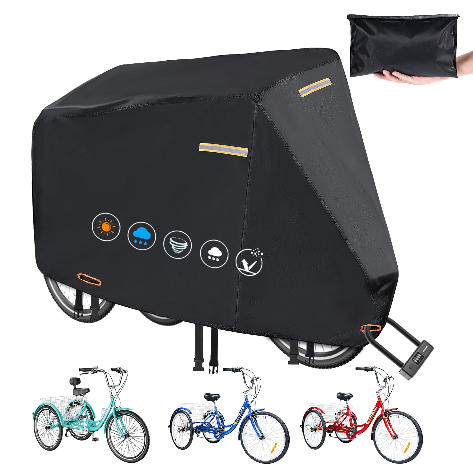 Tricycle Cover Waterproof Outdoor, GRABADO Heavy Duty 420D Adult Tricycle Accessories, UV-Resistant Dustproof,Large Electric Trike Covers with Waterproof Strip, 3 Nylon Lock Holes, 4 Reflective Strips