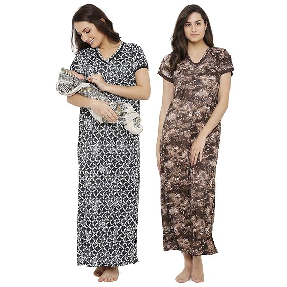 Womens Mother Feeding/Maternity/Nursing/Post Pregnancy Free Size Nighty/Nightdress/Night Gown with Invisible Zip (OneSize for L - XL) Combo Pack(Pack of 2)
