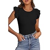PRETTYGARDEN Womens Summer Crew Neck T Shirts 2026 Trendy Ruffle Sleeve Slim Fit Knit Going Out Tops Casual Spring Clothes