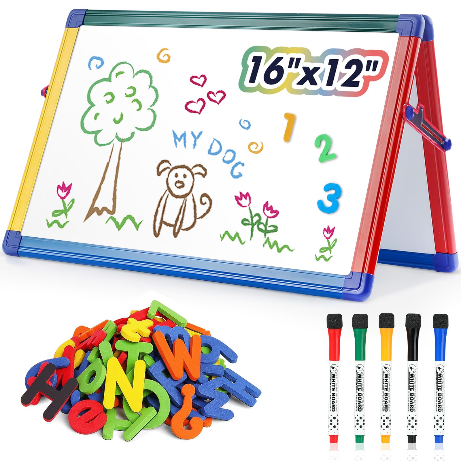 Swansea A3 Magnetic Tabletop Whiteboard Stand Dry Erase Board Double Sided Desktop White Board for School with Letters and Numbers Magnets,42x30cm