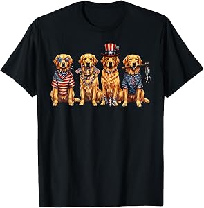 Four Golden Retriever Dogs Patriotic American Flag T-Shirt