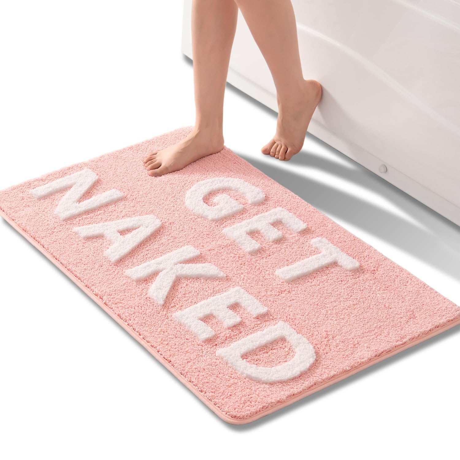 QJHOMO Get Naked Bath Mat Pink and White Bathroom Mats 60 x 90 cm, Non Slip Bath Mats for Bathroom, Colourful Letters Soft Microfiber Bathroom mat, Machine Washable Rug