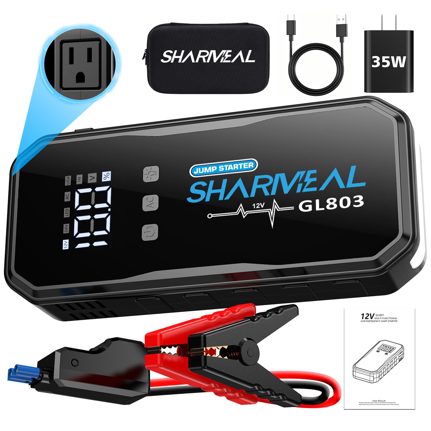 Sharmeal 22-in-1 9000A Jump Starter, 24000mAh Car Booster Pack with 80W AC Outlet & PD 35W Super Fast Charging, 12V Jump Starter Battery Pack for All Gas and 12.0L Diesel Image