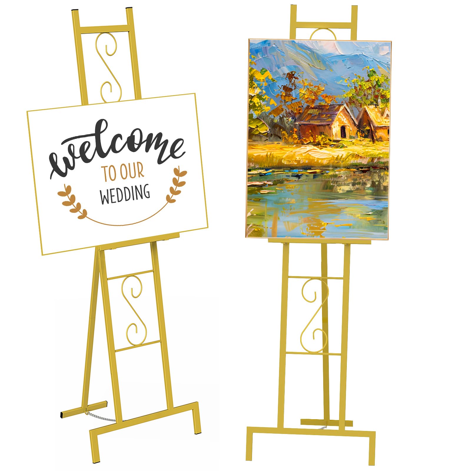 Photo 1 of SEHERTIWY 58''H Gold Easel Stand for Sign, Adjustable Welcome Wedding Sign Stand for Display with Chain Support, Heavy Duty Metal Poster Easel Holder for Party Painting, 17'' x 17'' x 58''H?1 Pack?