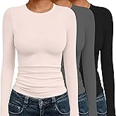Ekouaer 3 Pack Women Long Sleeve Crew Neck Shirts Basic Thermal Tops Slim Fit Ruch Side Tees Going Out Layering Thirts XS-XXL