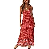 Angashion Women's Dresses Floral Adjustable Spaghetti Strap V Neck Boho Long Maxi Dress Summer Beach Flowy Ethnic Sundress
