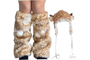 Peosaard Furry Hat, Deer Head Wrap and Deer Leg Warmers Cute Cartoon Animal Furry Hat with Lace Brim & Tie Thicken Warm for W