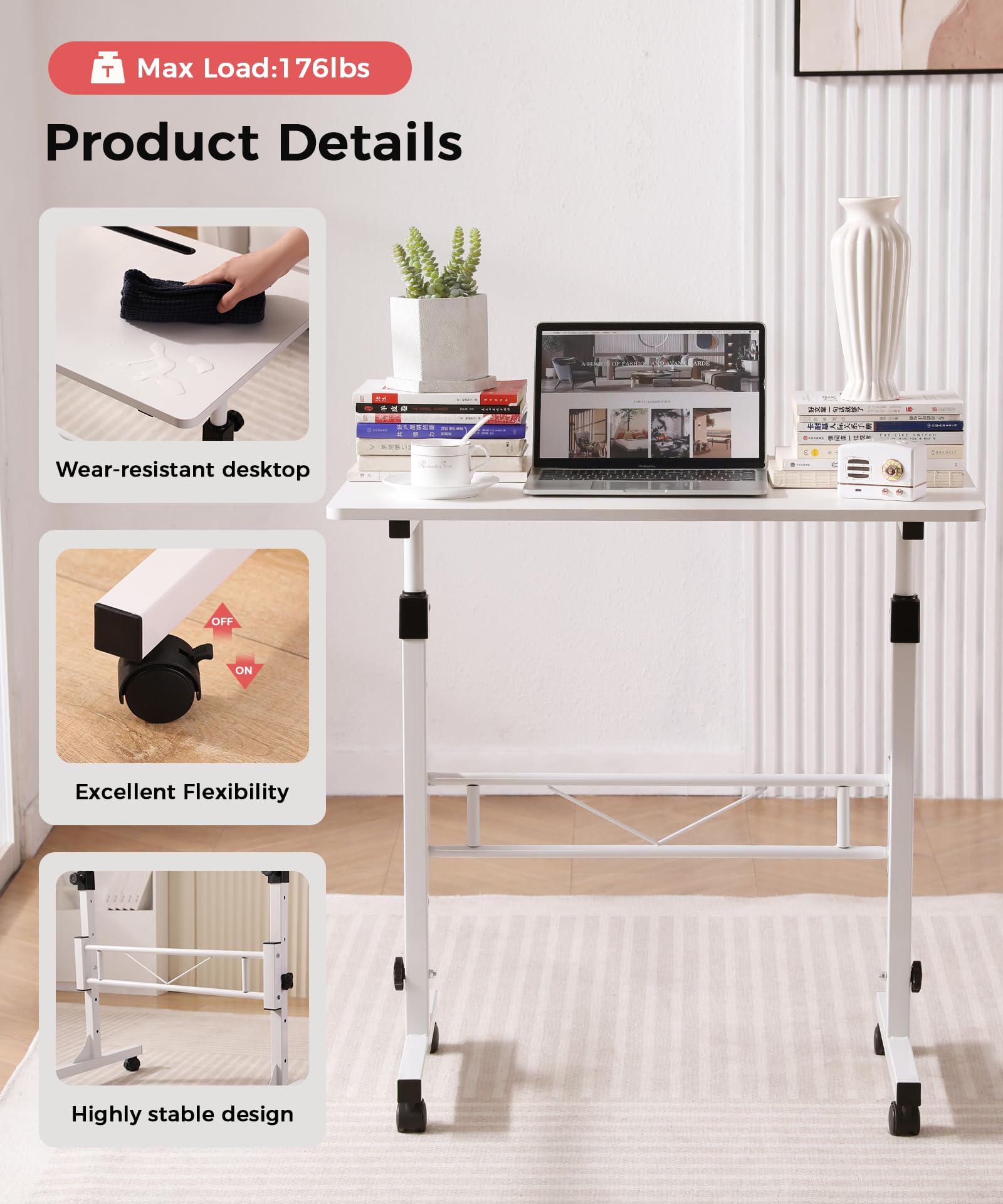 KLSMYHOKI Portable Standing Desk Adjustable Height, Small Computer, Laptop, Mobile Stand Up Rolling Desk with Wheels, Table for Home Office, 16