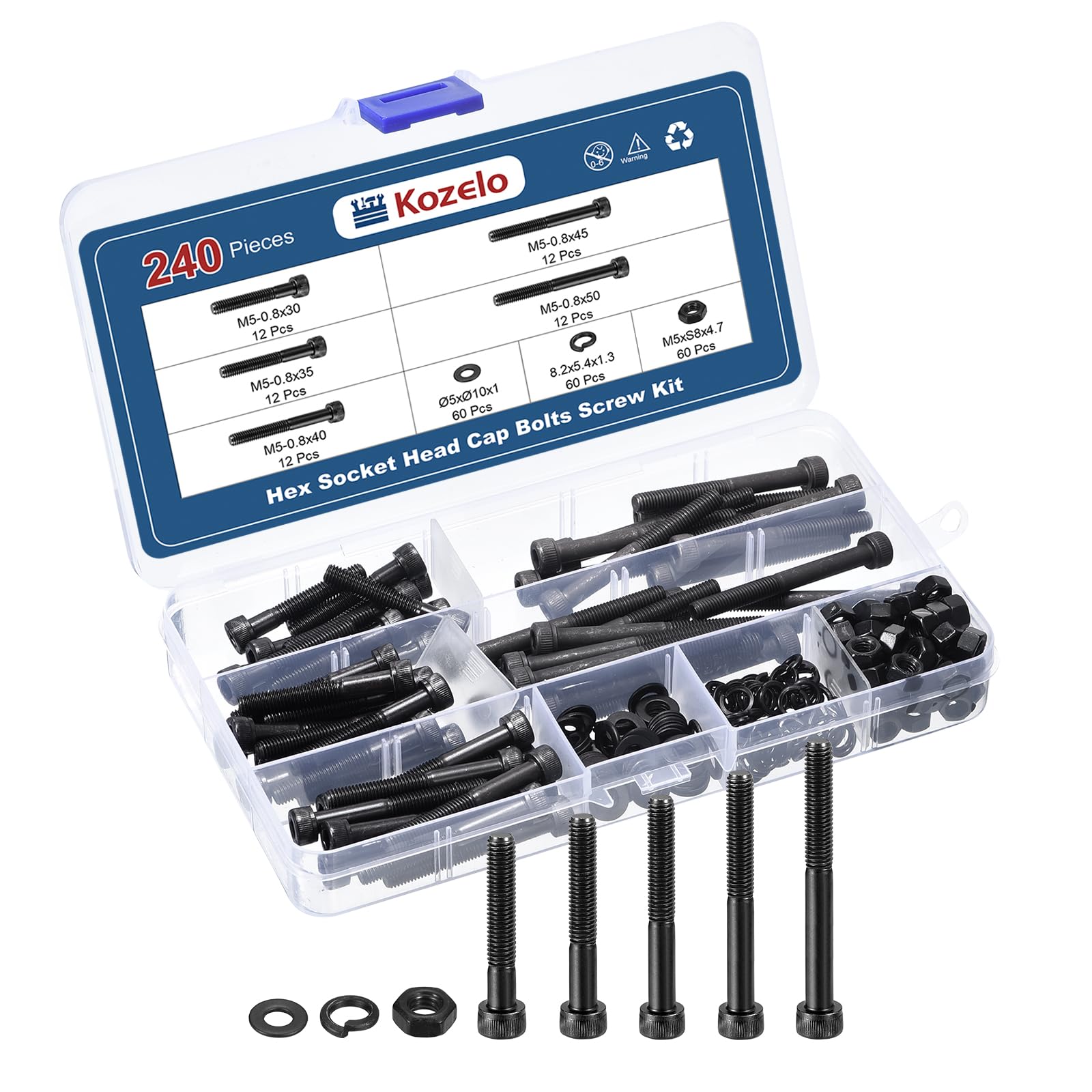 Kozelo 240pcs M5 Socket Head Cap Screws Bolts Nuts Assortment Kit - [M5x30/35/40/45/50mm] Alloy Steel Fully Threaded Black Oxide 12.9 Internal Hex Screw for 3D Printer Use — image 1