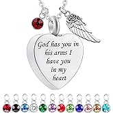God has You in his arms with Angel Wing Charm Cremation Ashes Jewelry Keepsake Memorial Urn Necklace with Birthstone Crystal (God+Angel Wing&12 Pcs Birthstone)