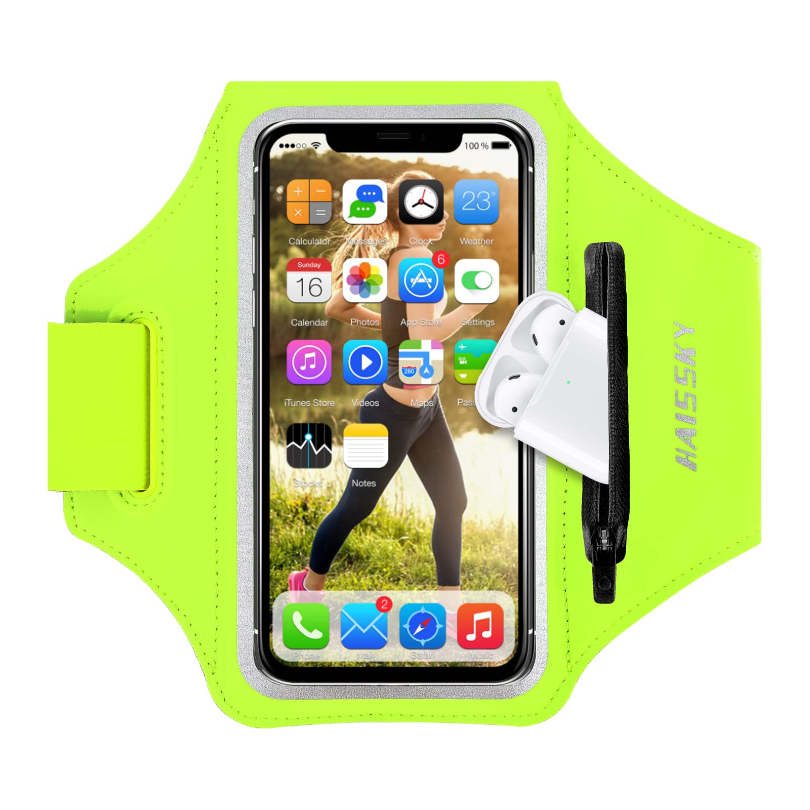 Running Armband with Airpods Zipper Pocket Cell Phone Armband Holder Sweatproof Sports Gym Armband Case Fits iPhone 16/1514/14 Pro Max/13/13 Pro/12 Pro Max/11/11Pro/XS Max with Touchscreen up to 6.9"