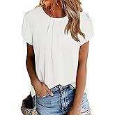 Womens White Basic Pleated Top Round Neck Short Sleeve Loose Fit Blouse Curved Keyhole Back Shirts