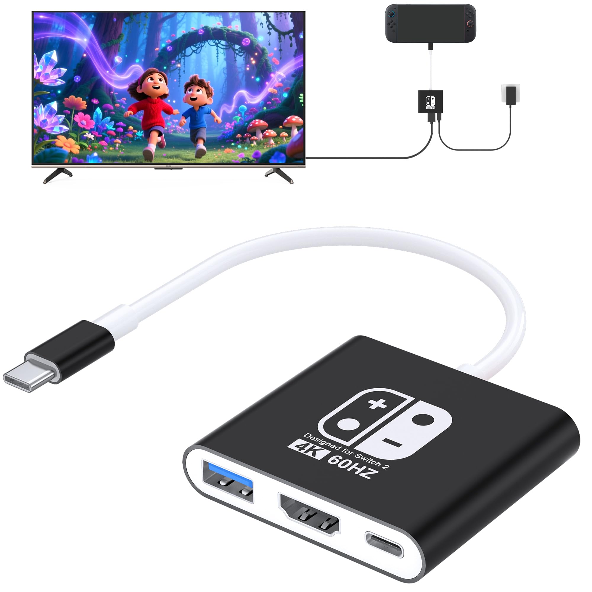 Switch 2 Dock (Plug-and-Play), Portable TV Docking Station for Nintendo Switch1/Switch2, Switch-2 Travel Dock with HDMI 4K@60Hz, USB3.0 and PD Charge (Aluminum Alloy)