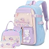 3Pcs Kawaii Cute Bunny Backpacks for Girls - School Bags with Lunch Box & Pencil Case, Pink & Blue