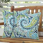 Magpie Fabrics Pack of 2 Indoor Outdoor Waterproof Throw Pillow Covers 18 x 18 Inch, Decorative Pillowcase Shell Cushion Sham for Garden Patio Tent Balcony Couch Sofa(Paisley Lapis Green)