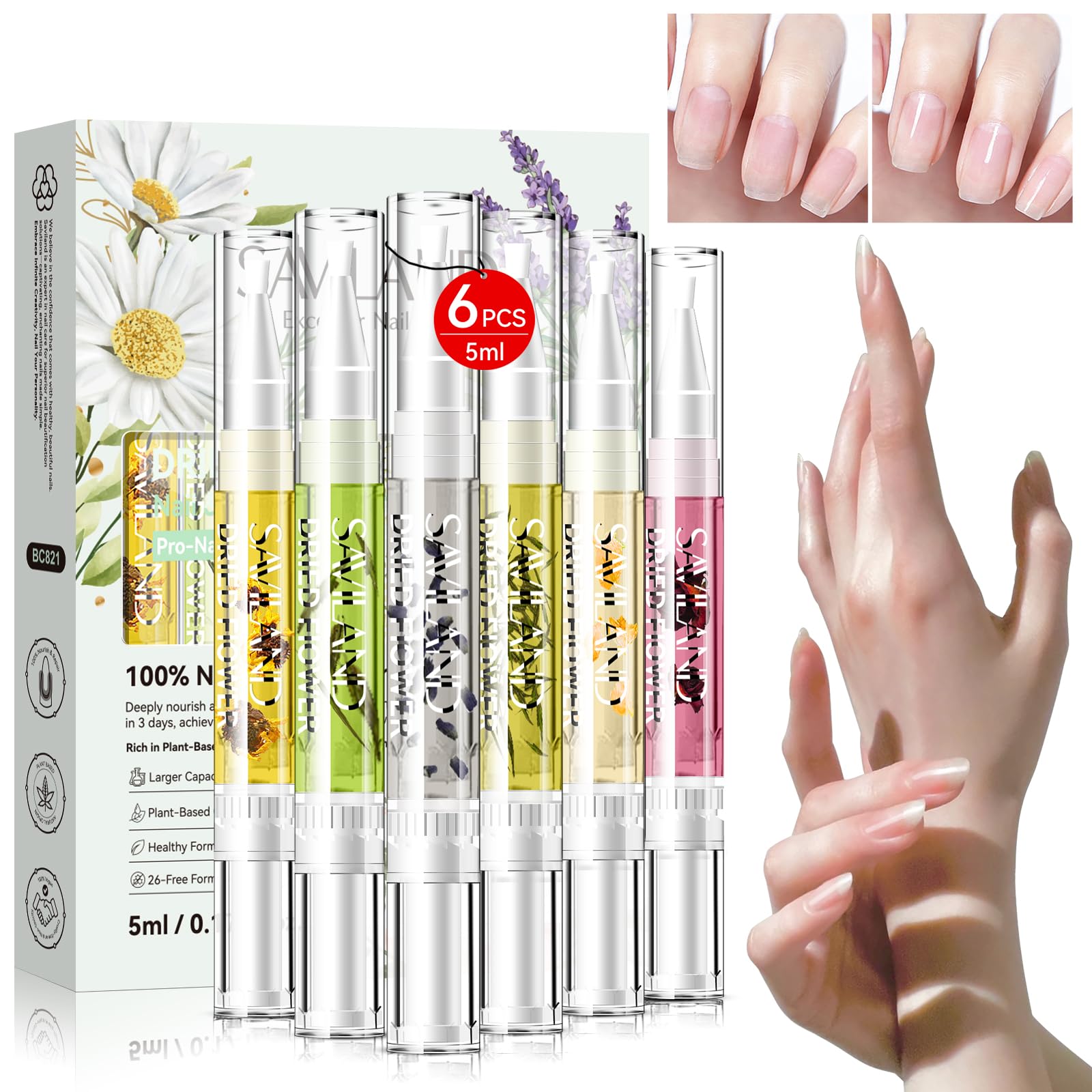 SAVILAND 6 Pcs Cuticle Oil Pen, Dried Flower Plant-Based Nail Oil Floral Cuticle Oil for Nails Growth Strength Nourished Repaired Brittle Peeling Weak Breaking