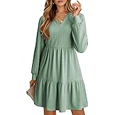 Dokotoo Fall Dresses for Women 2025 Long Sleeve V Neck Textured Casual Lightweight Tiered Ruffle A-Line Mini Babydoll Dress