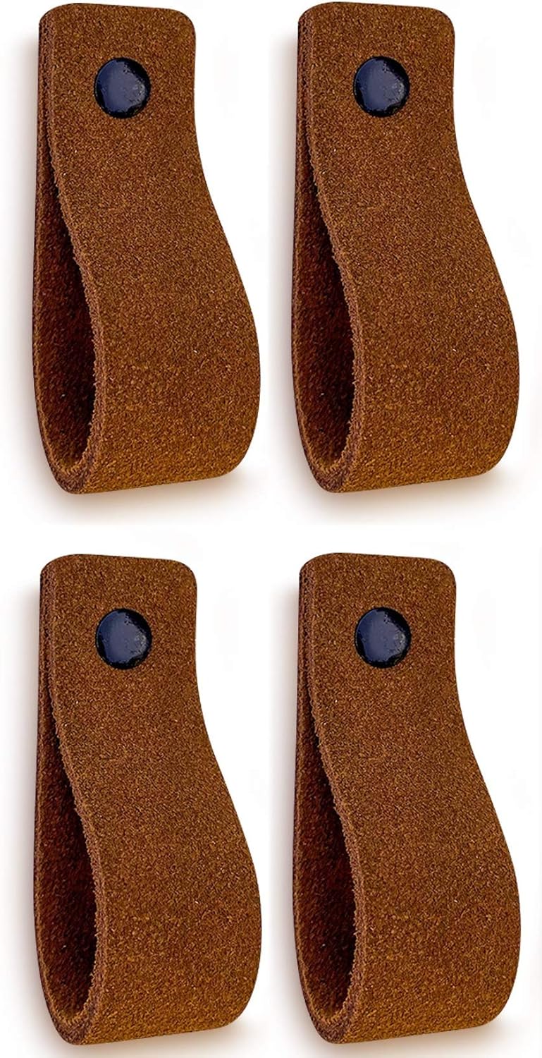 Brute Strength, Leather Handles for Furniture, Suede, Cognac, 4 pcs, 16,5 x 2,5 cm, Cabinet Handle