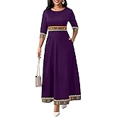 FANDEE Casual Maxi Dresses for Women Elegant 3/4 Sleeve Round Neck Africa Print Church Dress with Pocket