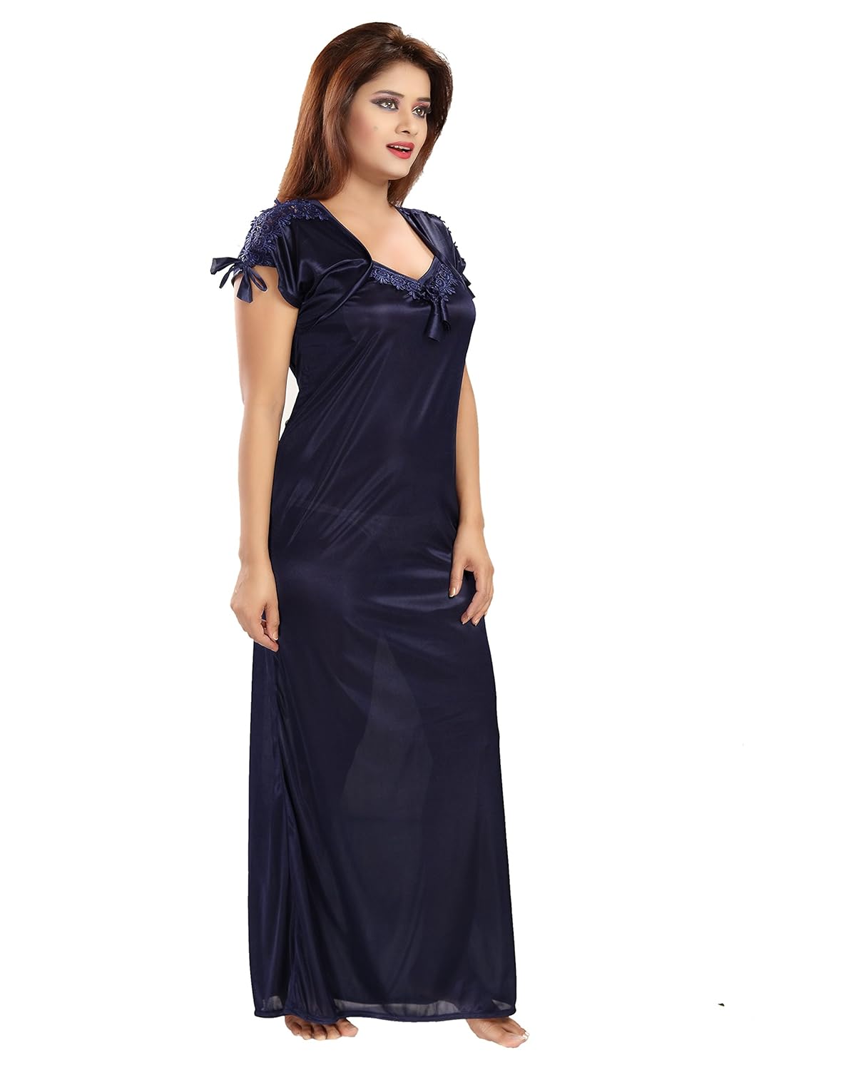 shopping station women's satin nighty (navy blue_free size)