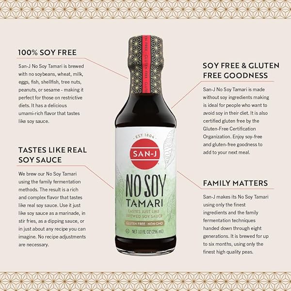 SAN-J – NO SOY TAMARI – SPECIALLY BREWED SOY SAUCE ALTERNATIVE – 10 OZ. BOTTLES – 2 PACK