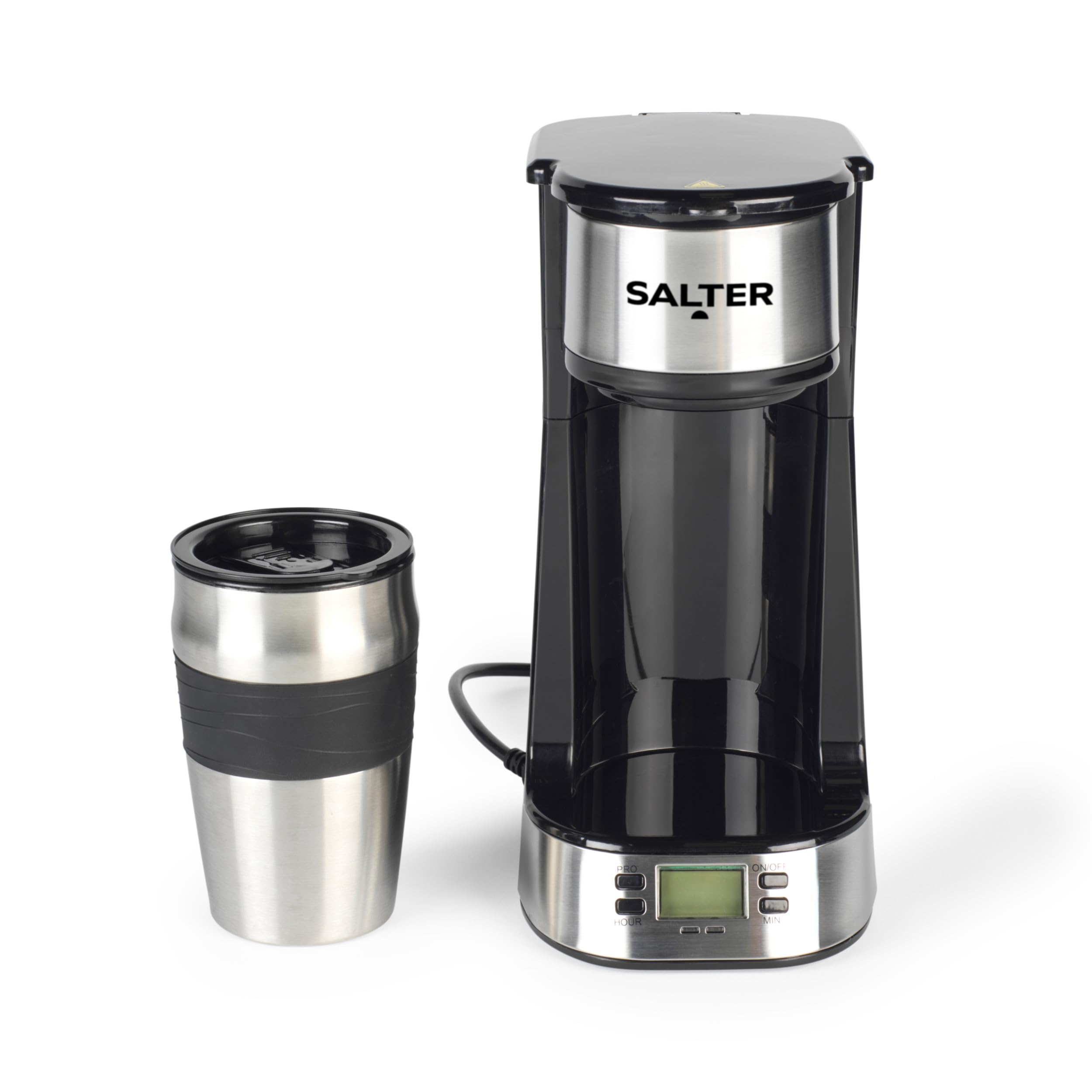 Salter EK2732 Personal Coffee Machine - One Cup Filter Coffee Maker, Includes 420ml Stainless Steel Travel Mug, Removable & Washable Filter, Quick Brew In 3-4 Mins, Compatible With Ground Coffee, 750W