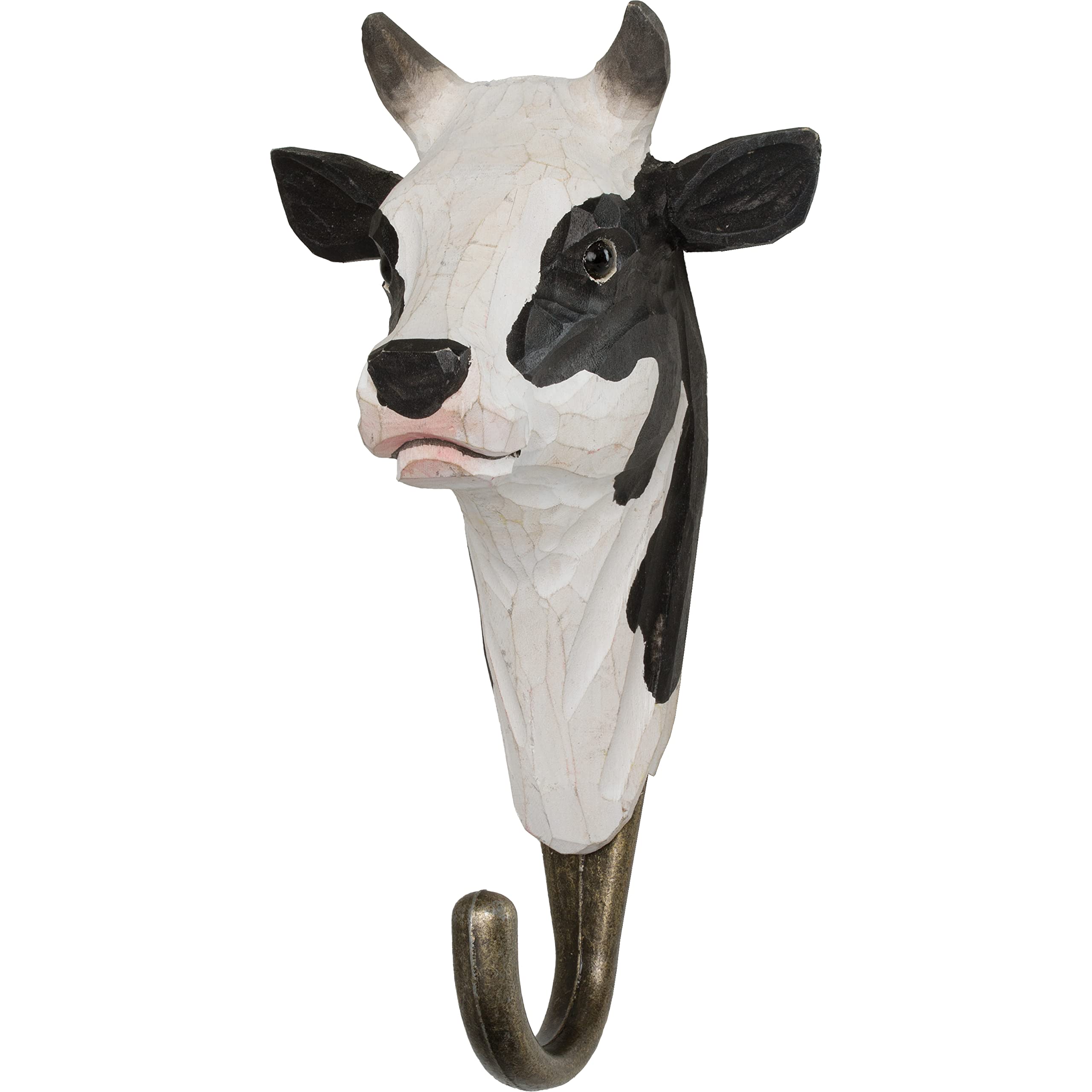 WILDLIFEGARDEN - Hook Black and White Cow (WG515) - Hand Carved Decorative Coat Hook, Wall Mounted, Made of Wood and Metal - Domestic Animals Collection