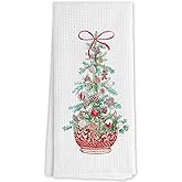DNEULYR Red Chinoiserie Christmas Tree Kitchen Towels, Preppy Bow Xmas Bauble Tree Decorative Hand Towels for Bathroom, Grandmillennial Christmas Dish Tea Towels for Kitchen Decor, 16x24 Inch
